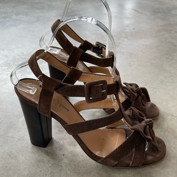 Nanette Lepore Strappy Suede Heels Buckles Bows - Picture 2 of 7